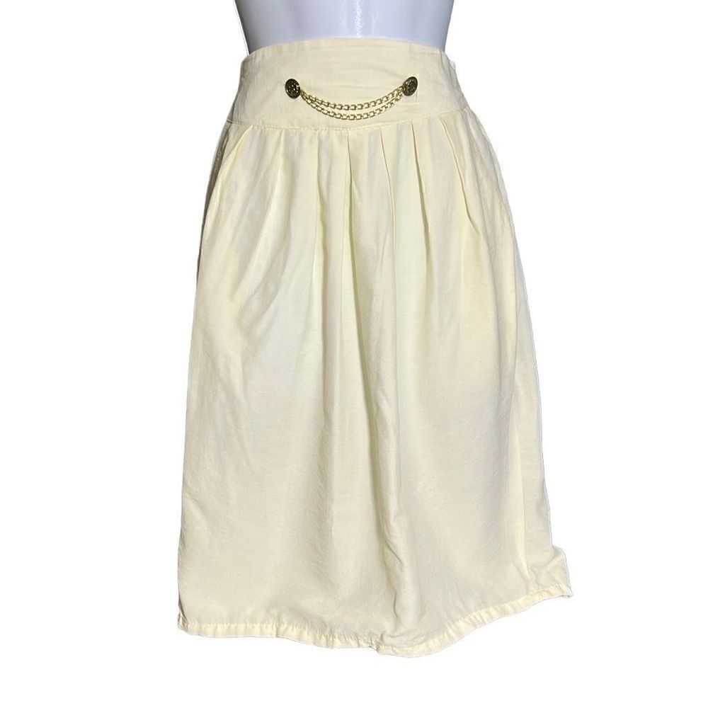 Maggie Lawrence Women's A-Line Pleated Elastic Waist Chain Accent Cream Skirt M